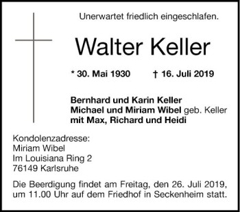 Traueranzeige von Walter Keller von Mannheimer Morgen