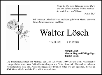 Traueranzeige von Walter Lösch von Südhessen Morgen