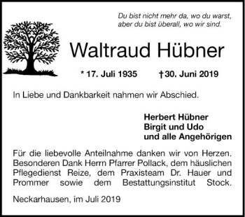 Traueranzeige von Waltraud Hübner von Mannheimer Morgen