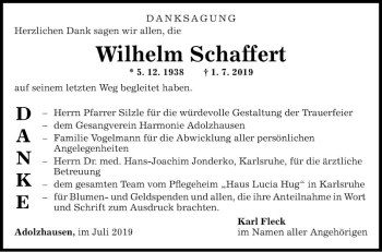 Traueranzeige von Wilhelm Schaffert von Fränkische Nachrichten