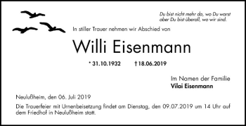 Traueranzeige von Willi Eisenmann von Schwetzinger Zeitung