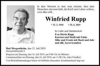 Traueranzeige von Winfried Rupp von Fränkische Nachrichten