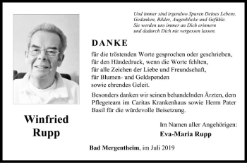 Traueranzeige von Winfried Rupp von Fränkische Nachrichten