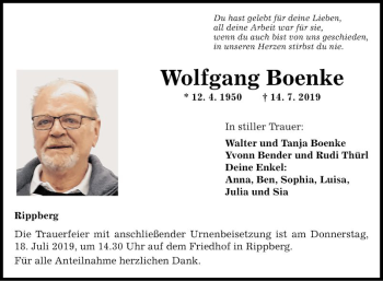 Traueranzeige von Wolfgang Boenke von Fränkische Nachrichten