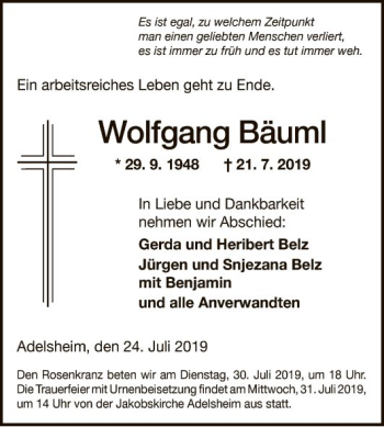 Traueranzeige von Wolfgang Bäuml von Fränkische Nachrichten