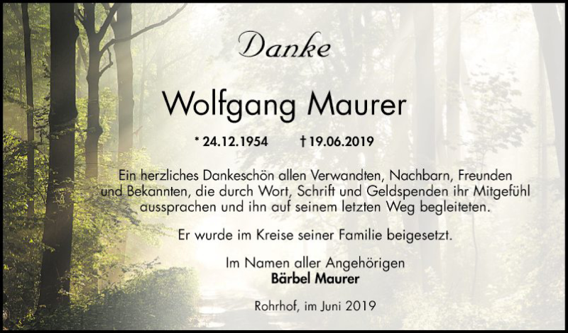  Traueranzeige für Wolfgang Maurer vom 29.06.2019 aus Schwetzinger Zeitung