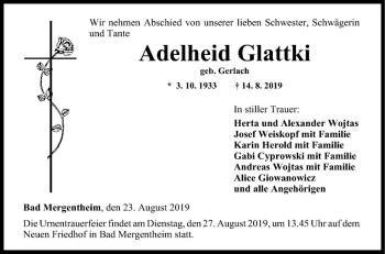 Traueranzeige von Adelheid Glattki von Fränkische Nachrichten