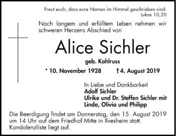 Traueranzeige von Alice Sichler von Mannheimer Morgen