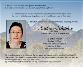 Traueranzeige von Andrea Schipka von Fränkische Nachrichten