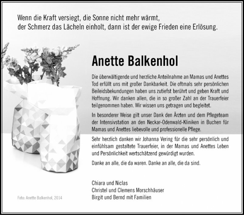  Traueranzeige für Anette Balkenhol vom 17.08.2019 aus Fränkische Nachrichten
