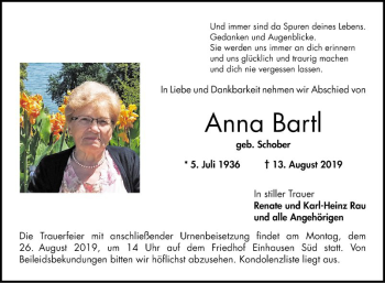 Traueranzeige von Anna Bartl von Bergsträßer Anzeiger