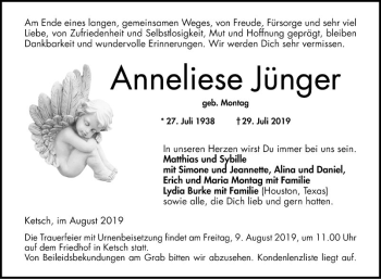 Traueranzeige von Anneliese Jünger von Schwetzinger Zeitung