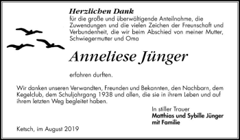 Traueranzeige von Anneliese Jünger von Schwetzinger Zeitung