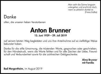 Traueranzeige von Anton Brunner von Fränkische Nachrichten