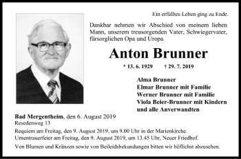 Traueranzeige von Anton Brunner von Fränkische Nachrichten