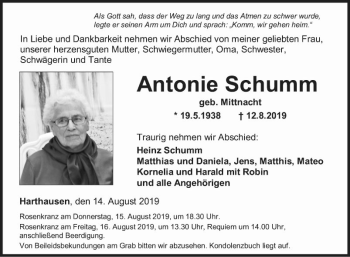 Traueranzeige von Antonie Schumm von Fränkische Nachrichten