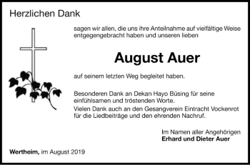 Traueranzeige von August Auer von Fränkische Nachrichten