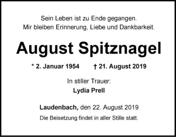 Traueranzeige von August Spitznagel von Fränkische Nachrichten