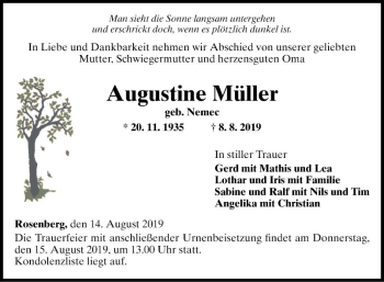 Traueranzeige von Augustine Müller von Fränkische Nachrichten