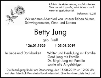 Traueranzeige von Betty Jung von Mannheimer Morgen