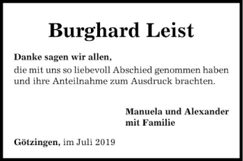 Traueranzeige von Burghard Leist von Fränkische Nachrichten