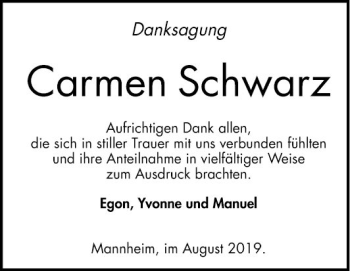 Traueranzeige von Carmen Schwarz von Mannheimer Morgen