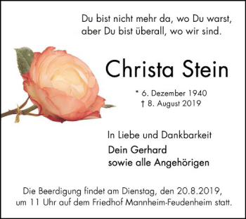 Traueranzeige von Christa Stein von Mannheimer Morgen