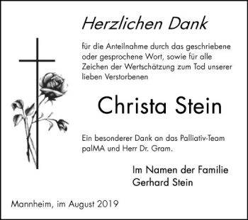 Traueranzeige von Christa Stein von Mannheimer Morgen