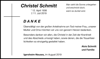 Traueranzeige von Christel Schmitt von Fränkische Nachrichten