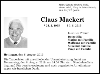 Traueranzeige von Claus Mackert von Fränkische Nachrichten