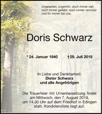 Traueranzeige von Doris Schwarz von Mannheimer Morgen