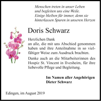 Traueranzeige von Doris Schwarz von Mannheimer Morgen