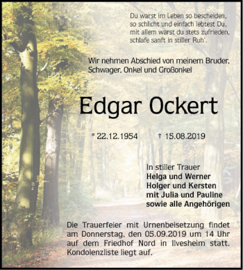 Traueranzeige von Edgar Ockert von Mannheimer Morgen