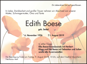 Traueranzeige von Edith Boese von Mannheimer Morgen