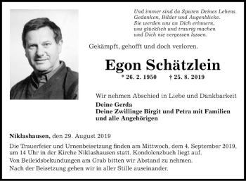 Traueranzeige von Egon Schätzlein von Fränkische Nachrichten