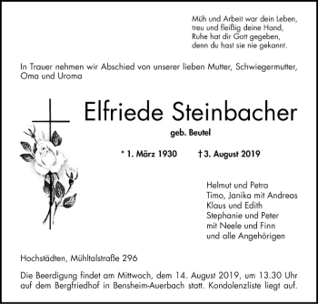 Traueranzeige von Elfriede Steinbacher von Bergsträßer Anzeiger