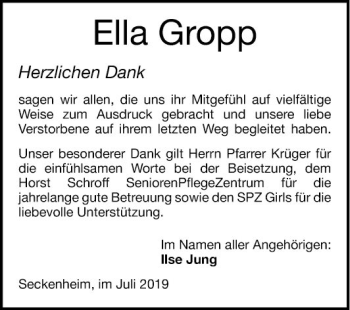 Traueranzeige von Ella Gropp von Mannheimer Morgen