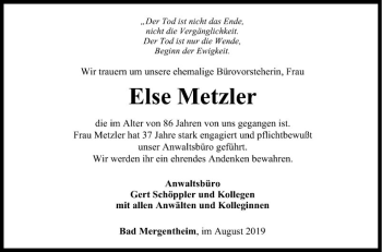 Traueranzeige von Else Metzler von Fränkische Nachrichten