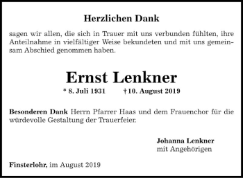 Traueranzeige von Ernst Lenkner von Fränkische Nachrichten