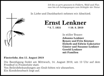 Traueranzeige von Ernst Lenkner von Fränkische Nachrichten