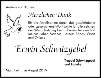 Traueranzeige von Erwin Schwitzgebel von Mannheimer Morgen