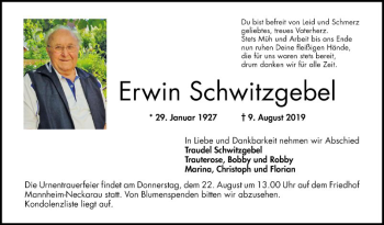 Traueranzeige von Erwin Schwitzgebel von Mannheimer Morgen