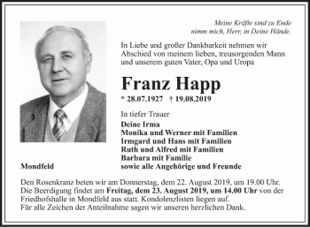 Traueranzeige von Franz Happ von Fränkische Nachrichten