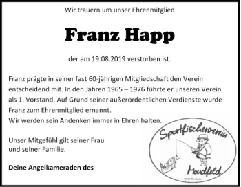 Traueranzeige von Franz Happ von Fränkische Nachrichten