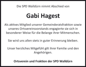 Traueranzeige von Gabi Hagest von Fränkische Nachrichten