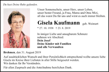 Traueranzeige von Gisela Kaufmann von Fränkische Nachrichten