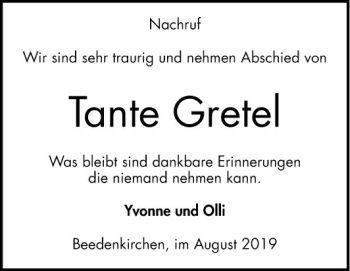 Traueranzeige von Gretel  von Bergsträßer Anzeiger