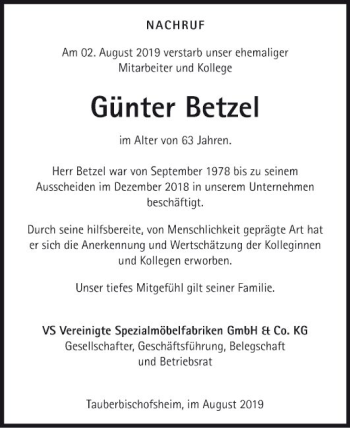 Traueranzeige von Günter Betzel von Fränkische Nachrichten