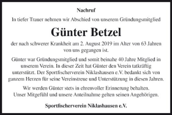 Traueranzeige von Günter Betzel von Fränkische Nachrichten