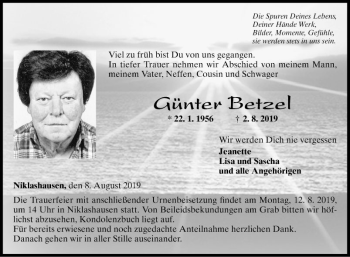 Traueranzeige von Günter Betzel von Fränkische Nachrichten